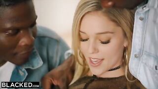 A petite blonde gets passed around by six well-hung men