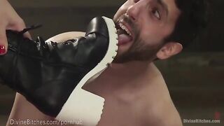 Muscled Dominatrix dominates and wrestles her Slaveboy