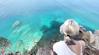 A cute girl passionately sucks her ex-boyfriend's big dick on the shore