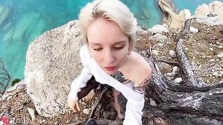 A cute girl passionately sucks her ex-boyfriend's big dick on the shore
