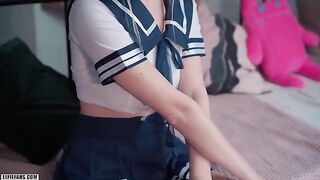 Young Japanese schoolgirl gets her pussy filled with cum and facial