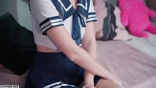Young Japanese schoolgirl gets her pussy filled with cum and facial