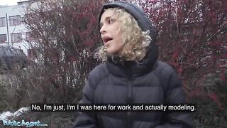 Public Agent picks up skinny curly-haired bitch for cash in hallway
