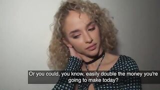 Public Agent picks up skinny curly-haired bitch for cash in hallway