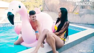 Petite brunette Andreina Deluxe gets her hairy pussy smashed by the pool