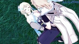 Aether and Futa Lumine fucked Paimon in the meadow - Genshin Impact Hentai