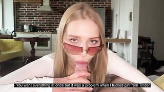 Pretty babe with glasses gets her face covered with sperm after a hard sex session