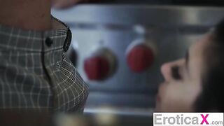 Hot and sexy couple having fun in the kitchen