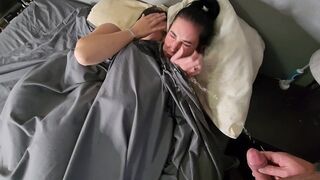 Pissing on two girls in bed, then they wet their panties and make out drenched
