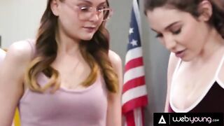 Two lesbians experiment with their bodies in a steamy detention scene