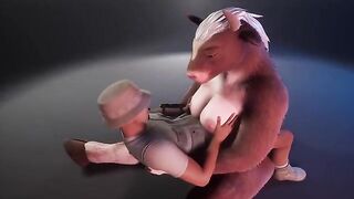 Furry cow helps the ranger with her boobs in a wild game