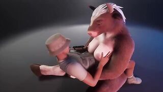 Furry cow helps the ranger with her boobs in a wild game