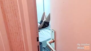 I spy on my stepsister while she masturbates and I offer her my dick. She accepts!