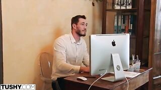 A woman named Nancy has anal sex with her handsome and muscular coworker