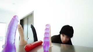 Fucking my ass and pussy with the neighbor's dildos until I squirt, a solo delight