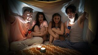 Naughty boys tell a scary story to Penelope and Aubrey, then fuck them