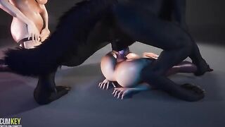 Two hot girls are having sex with a werewolf in this 3D porn