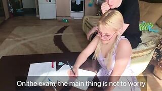 The student couldn’t resist her tutor, so she went down and took him in her mouth