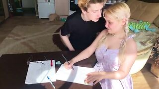 The student couldn’t resist her tutor, so she went down and took him in her mouth