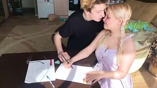 The student couldn’t resist her tutor, so she went down and took him in her mouth