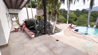 Girl fucked by her boyfriend and his stepsister in the swimming pool