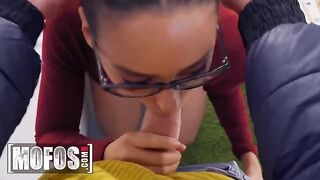 Andreina DeLuxe smokes and studies her big boobs for money