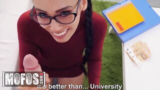 Andreina DeLuxe smokes and studies her big boobs for money