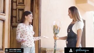 A girl is trying to seduce her crush, the flower shop owner, in a steamy scene