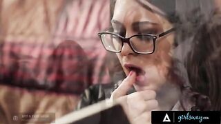An investigator, portrayed by the stunning Riley Reid, rubs her pussy while imagining intense scenes