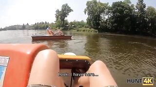 Chesty hottie gets drilled by a hunter in the forest for cash