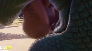 Two sexy girls are being fucked by a big cock monster in 3D porn