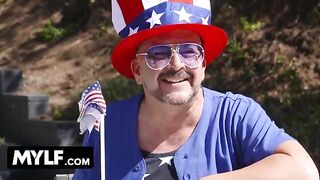 Sexy MILF Ariella Ferrera with huge boobs and her step daughter Jennifer Jacobs got banged hard by a new step dad in a steamy 4th of July orgy