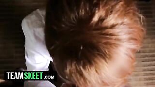 Redhead Abbey Rains drops to her knees and takes it deep