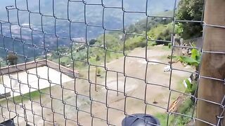 A girl has sex with a stranger farmer outdoors and lets him cum on her pussy