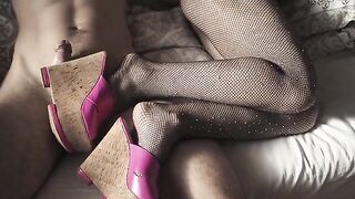 A girl in high heels and stockings is always ready for a foot job