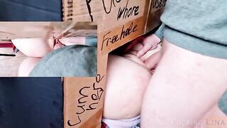 A girl fucked in the narrow pussy through the glory hole three times