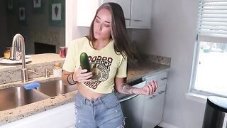 The girl got up for lunch, showing her boobs and playing with herself