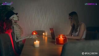 Costumed girls have Halloween fun with a big toy in this parody