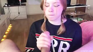 A cute student gently sucks a cock and gets cum on her tongue