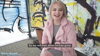 Public Agent picks up short haired blonde teen at the bus stop for cash