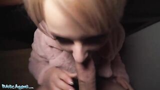 Public Agent picks up short haired blonde teen at the bus stop for cash