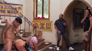 Hot busty MILF housekeeper gets fucked hard by college frat boys in a gangbang