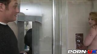 Harmony Reigns, thick and busty Brit, takes stepdad's cock after shower in a steamy scene