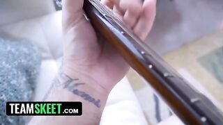Step sisters Demi Sutra and Evelin Stone share their boyfriend's big cock in a hot video