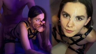 Hot brunette with long hair gets fucked in a harness