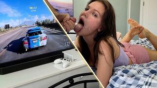 Girl plays Xbox and her boyfriend makes a deep slobbery blowjob