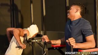 Kay Carter gets fucked by two black cocks in front of her husband at the gym