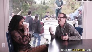 Ebony babe Paris The Muse gets her mouth full of ten big white cocks in a wild bukkake scene