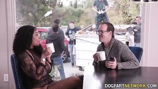 Ebony babe Paris The Muse gets her mouth full of ten big white cocks in a wild bukkake scene