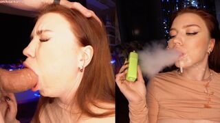 A hot girl is smoking and doing a blowjob